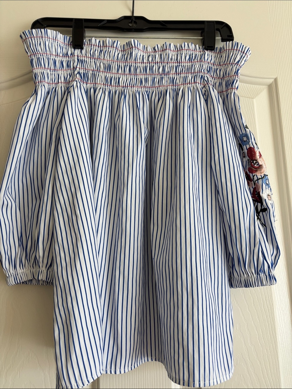 Women blue & White Striped Off-Shoulder Top with Embroidered Sleeve